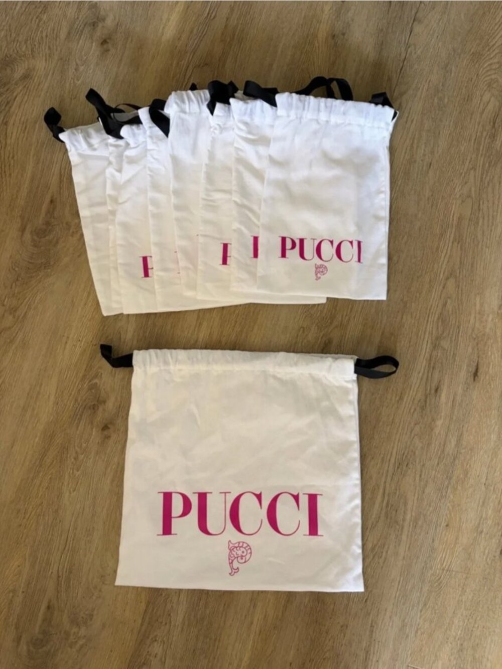 Pucci White Drawstring Dust Bags with Pink Logo 8 Small Bags + 1 Large Bag